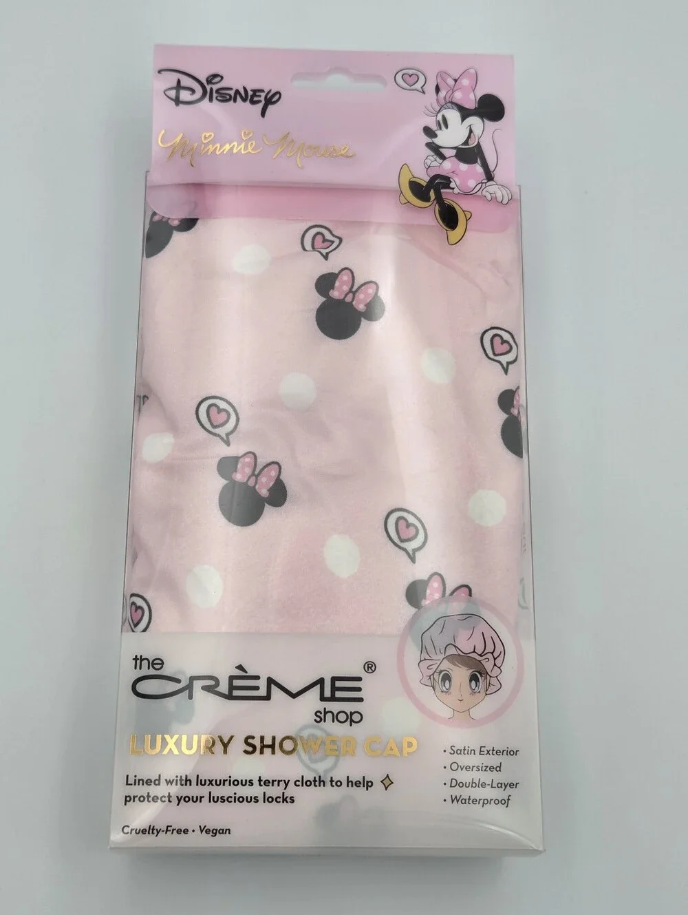 The Creme Shop Disney Pink Minnie Mouse Satin Shower Cap with Polka Dot Nwt